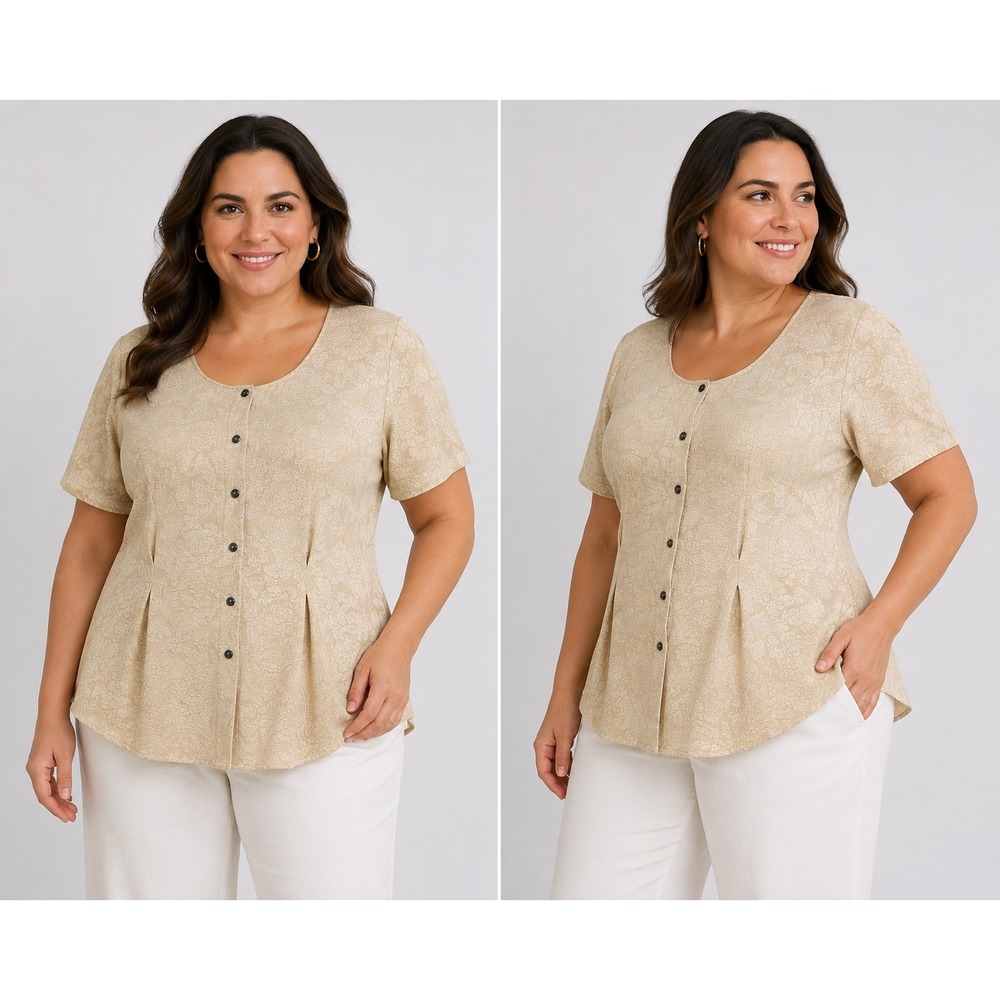 Express Compagnie Internationale Silk Blouse Beige Floral Jacquard Button Top L
